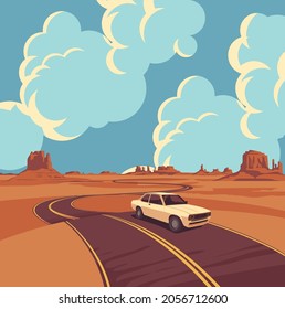 Western landscape with deserted valley, rocks, cumulus clouds in blue sky, winding road and single passing white car. Decorative illustration of Wild West prairie. Vector background