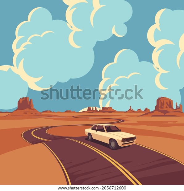 Western landscape\
with deserted valley, rocks, cumulus clouds in blue sky, winding\
road and single passing white car. Decorative illustration of Wild\
West prairie. Vector\
background
