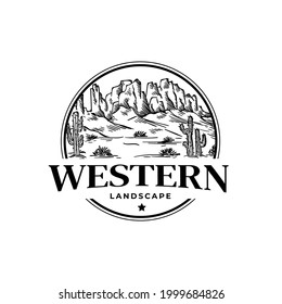 Western Landscape Hill Texas Drawing Stamp Logo Vector Illustration Template Icon Design