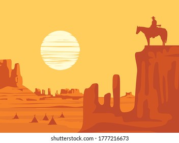 Western landscape at orange sunset with a silhouette of a cowboy on horseback and indian wigwams at the wild American prairies. Decorative vector illustration, Wild West vintage background