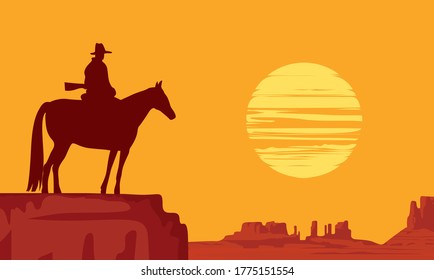 Western landscape with wild American prairies and silhouette of a cowboy riding a horse on top of a cliff at the orange sunset. Decorative vector illustration, Wild West vintage background