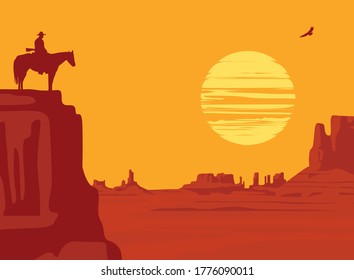 Western landscape with wild American prairies and silhouette of a cowboy riding a horse on top of a cliff and flying hawk at the orange sunset. Vector illustration, Wild West vintage background