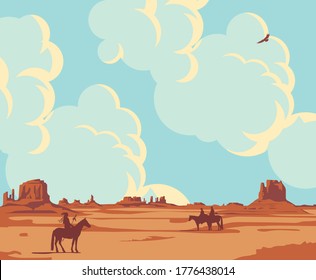 Western landscape with wild American prairies, cloudy sky and silhouettes of an Indian and cowboys on horseback. Decorative vector illustration, Wild West vintage background