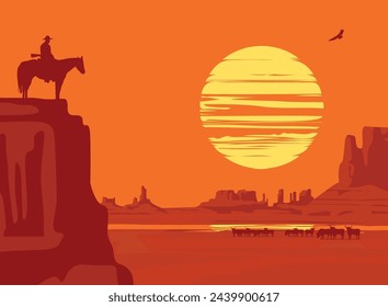 Western landscape with wild American prairies and silhouette of a cowboy riding a horse on top of a cliff at the orange sunset and buffalo herd. Decorative vintage vector illustration, Wild West