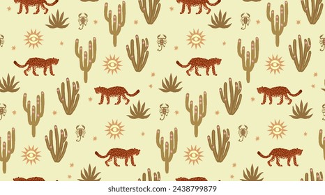 Western leopard and cactus seamless pattern. Boho hand drawn background