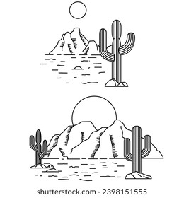 Western line art desert landscape. Desert landscape and cactus vector illustration.