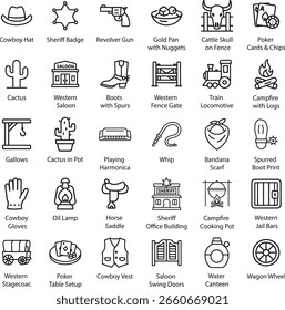 Conjunto de iconos de línea occidental, Ilustración vectorial.