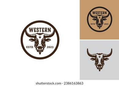 "Western Logo with a Bull Head" is a design asset that features a logo with a bull head, representing strength and the spirit of the American West