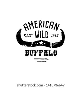 Western Logo Skull Buffalo hand Draw Grunge style. Wild West symbol sing of a cow's Horns and Retro Typography. Vintage Emblem for T-shirt Print. Vector Silhouette Illustration Cow