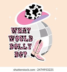 Western logotype. Cowboy boots and hat, disco ball and space for text. Wild West. Cowgirl design. Hand drawn vector illustration. Retro typography. Perfect for prints, posters, stickers