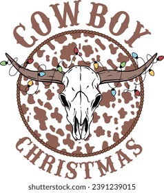Western Longhorn Christmas, Cowboy Christmas, Bull Skull Hand-Drawn, Cowboy Cow Skull, Howdy Christmas, Western Christmas  svg