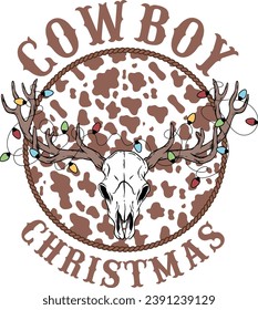 Western Longhorn Christmas, Cowboy Christmas, Bull Skull Hand-Drawn, Cowboy Cow Skull, Howdy Christmas, Western Christmas  svg