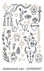 Western magic bundle. Collection of hand drawn groovy witchy elements. Set of mystical digital tattoo stickers - wild west cartoon doodles, tribal boho vintage retro style decor. Unique vector