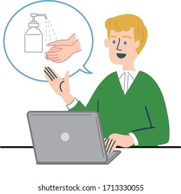 Western man laptop thinking about disinfect, washing hands.