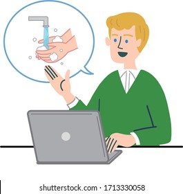 Western man laptop thinking about disinfect, washing hands.
