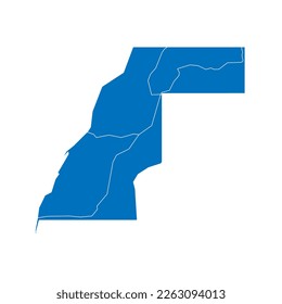 Western map of land divided between Morocco and Sahrawi Arab Democratic Republic by Moroccan Western Sahara Wall. Solid blue blank vector map with white borders.