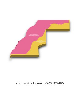 Western map of land divided between Morocco and Sahrawi Arab Democratic Republic by Moroccan Western Sahara Wall. Colorful 3D vector map with dropped shadow and country name labels.