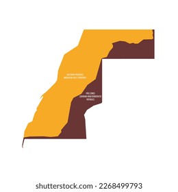 Western map of land divided between Morocco and Sahrawi Arab Democratic Republic by Moroccan Western Sahara Wall. Flat vector map with name labels. Brown - orange color scheme.