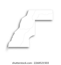 Mapa occidental de la tierra dividida entre Marruecos y la República Árabe Saharaui Democrática por el Muro del Sáhara Occidental marroquí. Mapa blanco plano con un contorno negro fino y sombra caída.