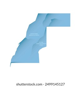 Western map of land divided between Morocco and Sahrawi Arab Democratic Republic by Moroccan Western Sahara Wall. Shaded vector map with 3D-like blue gradient and name labels