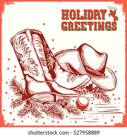 Western merry christmas and New Year greeting card with cowboy boot and western hat.Vector illustration