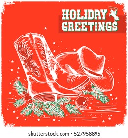 Western merry christmas and New Year red greeting card with cowboy boot and western hat.Vector illustration