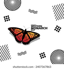 Western Monarch Day event banner. Beautiful Western Monarch Butterfly with scientific name Danaus plexippus, with bold text and elements on white background to celebrate on February 5