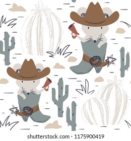 Western mouse baby seamless pattern. Wild west animal with hat, boot, gun. Scandinavian cactus cute print. Cool illustration for nursery t-shirt, kid apparel, invitation cover, child background design