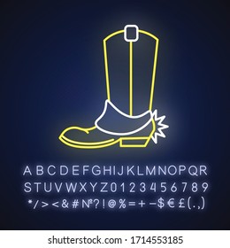 Western movie neon light icon. Outer glowing effect. Sign with alphabet, numbers and symbols. American cinema genre, cowboy films. Boot with spur vector isolated RGB color illustration