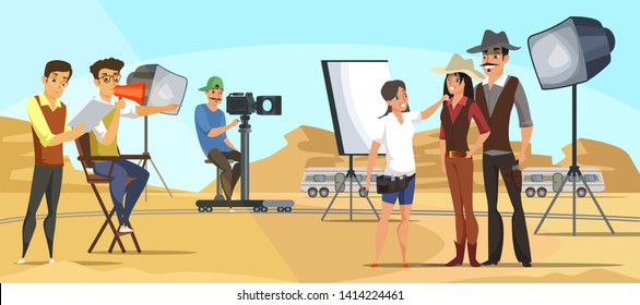 Western movie shooting flat illustration. Hollywood outdoor set scene. Cartoon actors,director, makeup artist, photographer characters. Background desert landscape. Modern filming, acting process