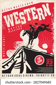 Western Movies Poster Template With Cowboy Riding The Horse In Arizona Landscape. Wild West Sunset Vector Illustration. Cinema Flyer.