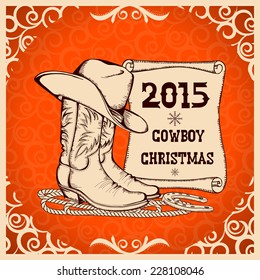 Western New Year with cowboy traditional clothes.Vector greeting card