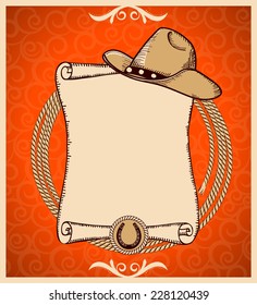 Western New Year Rodeo card.Vector greeting card with scroll background and text