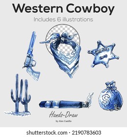 western objects. watercolor hands drawing. vector illustration