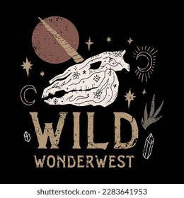 Western old label with skull of unicorn horse fantasy vintage retro textured wild west bones on black background