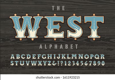 A western, old west frontier, cowboy, or circus Americana alphabet; this font has ornate outlines with copper effects and inner two-toned detailing. Good for circus carnival graphics, signage, etc.