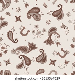 Western Paisley with Horseshoes and Floral on Teal Seamless Pattern for Textiles Print on Fabric