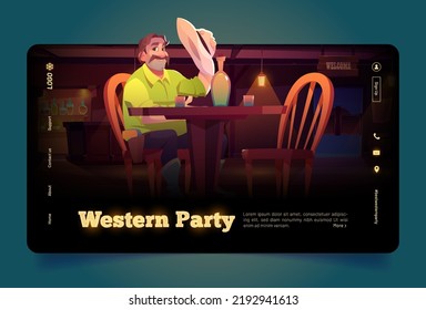 Western party banner with cowboy sitting at table in old saloon. Vector landing page with cartoon illustration of man with hat, bottle and glass on wooden desk in wild west tavern