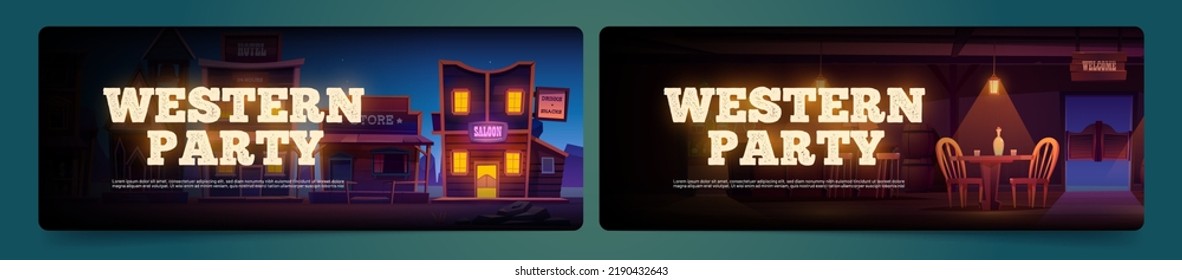 Western party cartoon banners, cowboy saloon building facade and interior with alcohol drinks stand on wooden old style table. Invitation to Wild west tavern, retro pub or bar Vector promotional