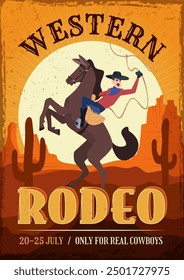 western placard. poster with cowboy with lasso riding on horse. Vector template with place for text rodeo party