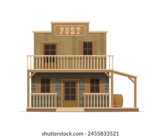 Western post office building or Wild West town and old wooden architecture, cartoon vector. Postal office in Western wood house with signage, Wild West American country house of Texas or Arizona