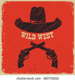 Western poster background with cowboy hat and guns on red paper