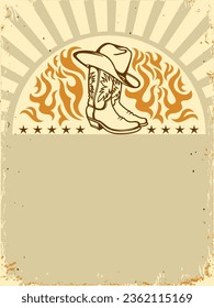 Western poster with Cowboy boots and hat on old paper background for text. Vector vintage cowboy party illustration.