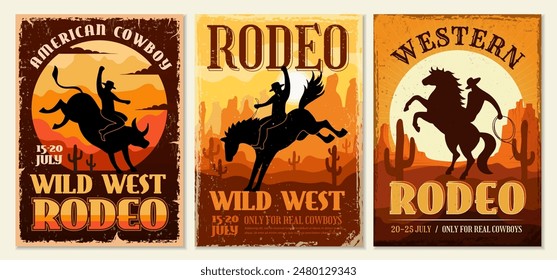 Western poster. Cowboys rodeo recent vector old style vintage placards with place for text