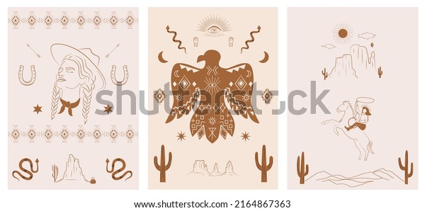 Western posters collection with desert\
landscape, cowgirl, horses, wild west elements, cactus. Editable\
vector illustration.