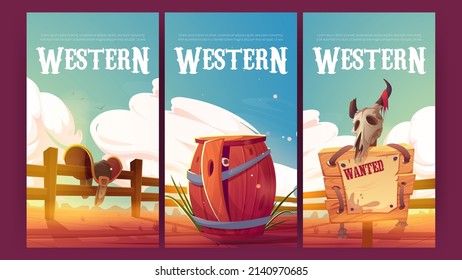 Western posters with wooden wanted sign, bull skull, horse saddle on fence and barrel. Vector banners of wild west with cartoon illustration of desert landscape with cowboy saddle and wood signboard