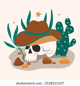 Western print with cowboy skull and hat.Cartoon background with dessert country,cactus,plants,stars and stones.Vector design for use in textile,card,banner template,cover.Flat color illustration.