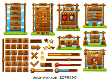 Westliche, Ranch-Holzspiel-Schnittstelle. Cartoon Gui Element, ui Spiel Objekt. Einzelne Vektorknöpfe, Menüoptionen, Balken und Schieberegler, Benutzersymbole, Banner, Pfeile und Zeichen mit Holzstruktur