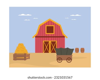 Western red barn farm daily with haystacks, barrels, carts in the village. Flat illustration