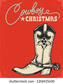 Western Red Christmas Card With Cowboy Boot And Text.Vector Illustration